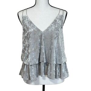 Aerie Crushed Velvet Tank Top Crop Ruffle Hem Silver Gray Double Strap‎ Size XS